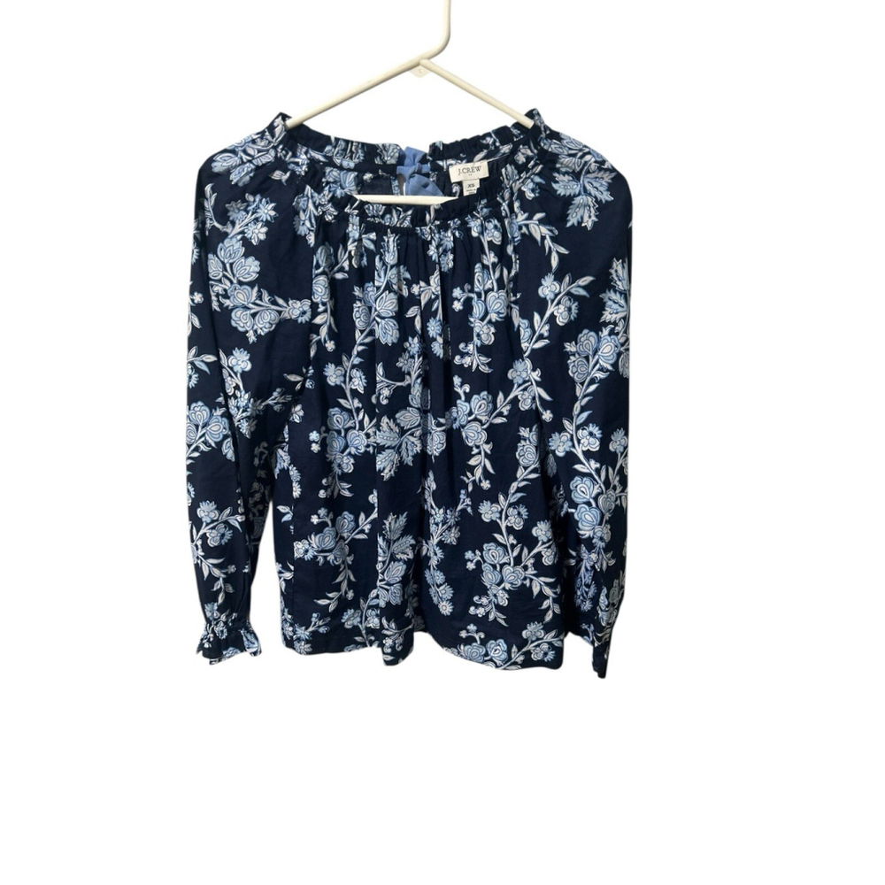 J. Crew Size XS Tie-back ruffleneck top floral‎ blue white